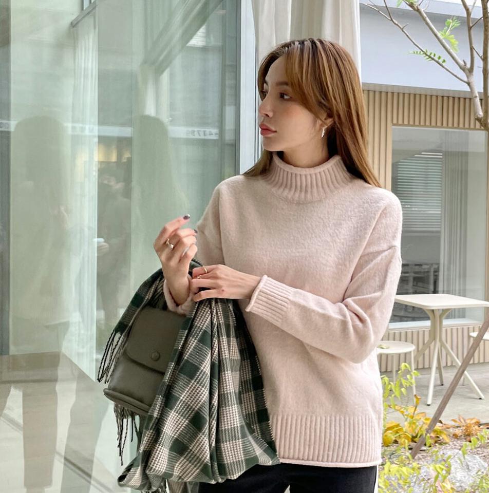 【マラソン特価】ロールハーフネックニット・全5色・b71012 レディース 【tops】トップス ニット 長袖 単色 無地 シンプル ベーシック ハーフネック 大人 カジュアル ロール ラフ 秋 冬 韓国ファッション ハイホリHIHOLLI