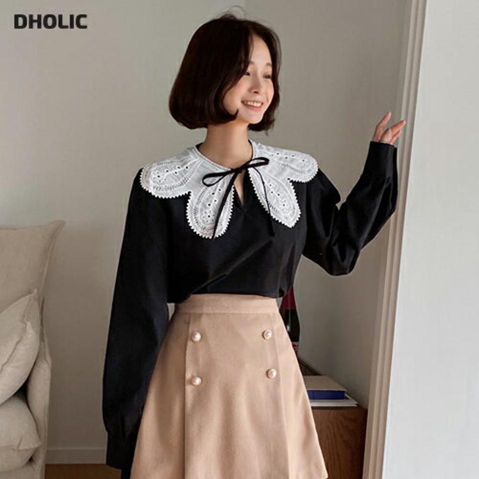 起毛スカラップレースブラウス・全2色・t66244 レディース 【bl】韓国ファッション トップス ブラウス 長袖 起毛 スカラップ レース スリット カフスボタン リボン シンプル ルーズ 体型カバー ガーリー カジュアル フェミニン 秋 冬