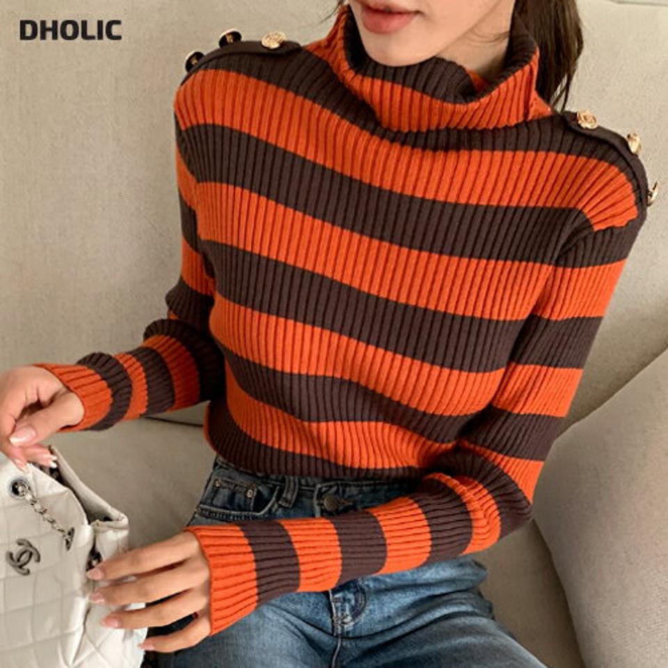 ゴールドボタンボーダータートルネックニット・全4色・b66239 レディース 【tops】韓国ファッション トップス ニット 大人 長袖 タートルネック ゴールドボタン ボーダー シンプル 異素材 体型カバー フェミニン カジュアル デイリー 秋 冬