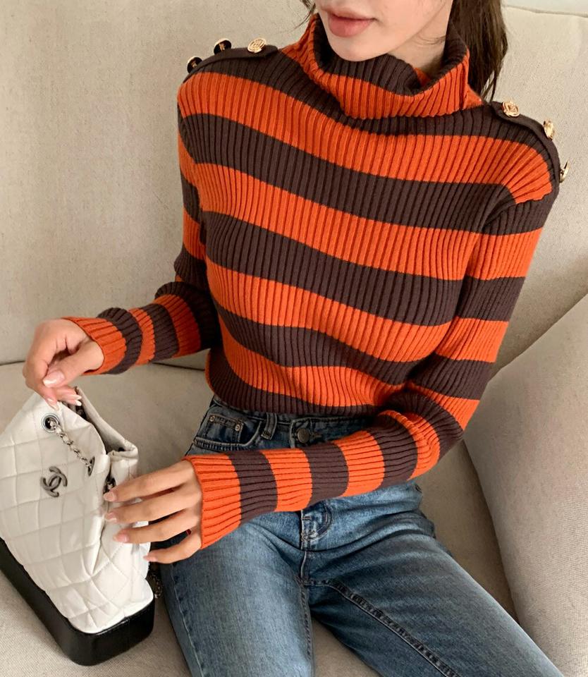 ゴールドボタンボーダータートルネックニット・全4色・b66239 レディース 【tops】韓国ファッション トップス ニット 大人 長袖 タートルネック ゴールドボタン ボーダー シンプル 異素材 体型カバー フェミニン カジュアル デイリー 秋 冬