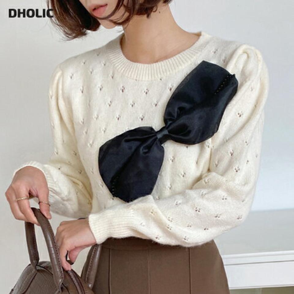リボンパンチングラウンドニット・全3色・b66248 レディース 【tops】韓国ファッション トップス ニット 大人 長袖 ラウンドネック リボン レース パンチング ユニーク 異素材 体型カバー フェミニン カジュアル デイリー 秋 冬