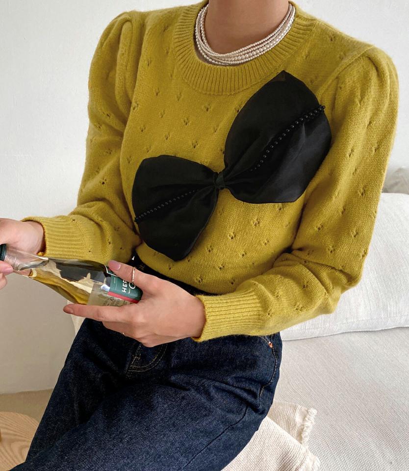 リボンパンチングラウンドニット・全3色・b66248 レディース 【tops】韓国ファッション トップス ニット 大人 長袖 ラウンドネック リボン レース パンチング ユニーク 異素材 体型カバー フェミニン カジュアル デイリー 秋 冬
