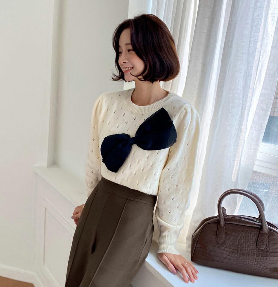 リボンパンチングラウンドニット・全3色・b66248 レディース 【tops】韓国ファッション トップス ニット 大人 長袖 ラウンドネック リボン レース パンチング ユニーク 異素材 体型カバー フェミニン カジュアル デイリー 秋 冬