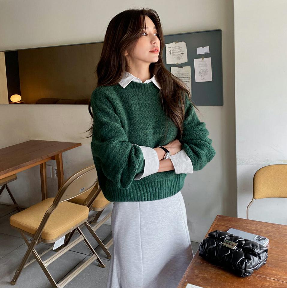 ウール混ラウンドニット・全4色・b66249 レディース 【tops】韓国ファッション トップス ニット 年上 大人 長袖 ラウンドネック ウール混 クロップド丈 ドロップショルダー シンプル ルーズ フェミニン カジュアル デイリー 秋 冬