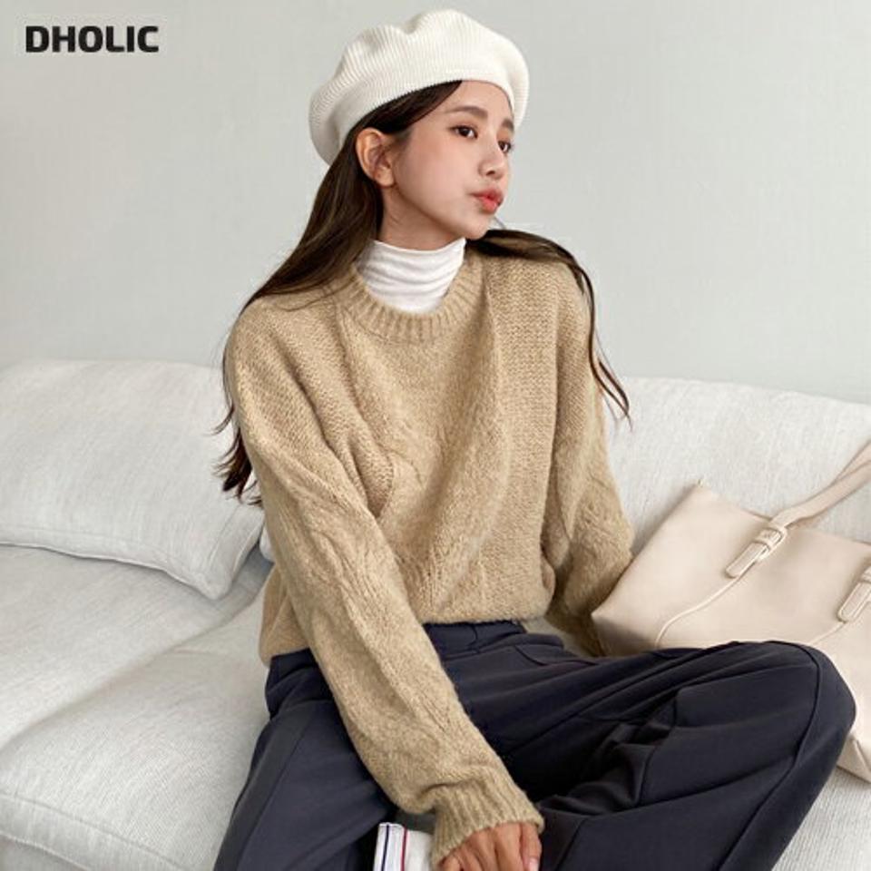 ワイドケーブル編みニット・全6色・t66240 レディース 【tops】韓国ファッション トップス ニット 大人 長袖 ラウンドネック ワイド ケーブル編み ドロップショルダー シンプル スリム フェミニン デイリー 秋 冬