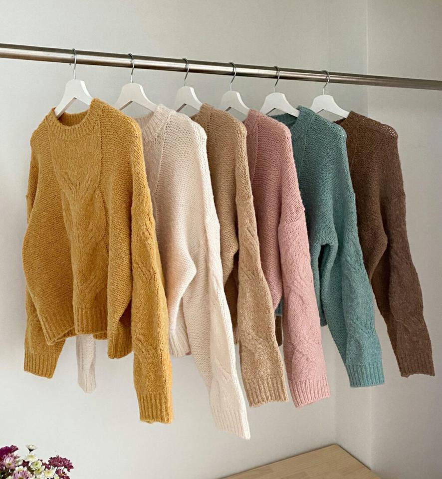 ワイドケーブル編みニット・全6色・t66240 レディース 【tops】韓国ファッション トップス ニット 大人 長袖 ラウンドネック ワイド ケーブル編み ドロップショルダー シンプル スリム フェミニン デイリー 秋 冬