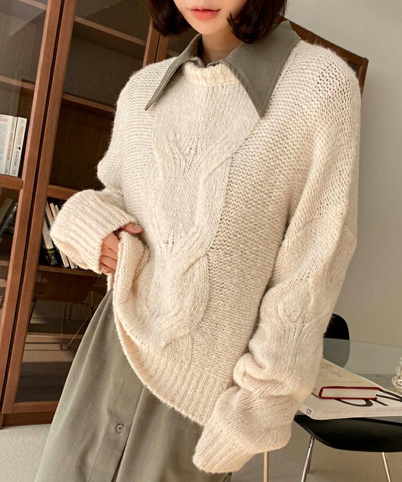 ワイドケーブル編みニット・全6色・t66240 レディース 【tops】韓国ファッション トップス ニット 大人 長袖 ラウンドネック ワイド ケーブル編み ドロップショルダー シンプル スリム フェミニン デイリー 秋 冬