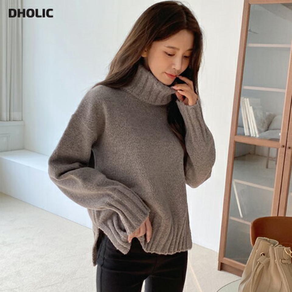 タートルネックアンバランスニット・全4色・t66250 レディース 【tops】韓国ファッション トップス ニット 大人 長袖 タートルネック アンバランス丈 スリット 無地 シンプル 異素材 体型カバー フェミニン カジュアル デイリー 秋 冬