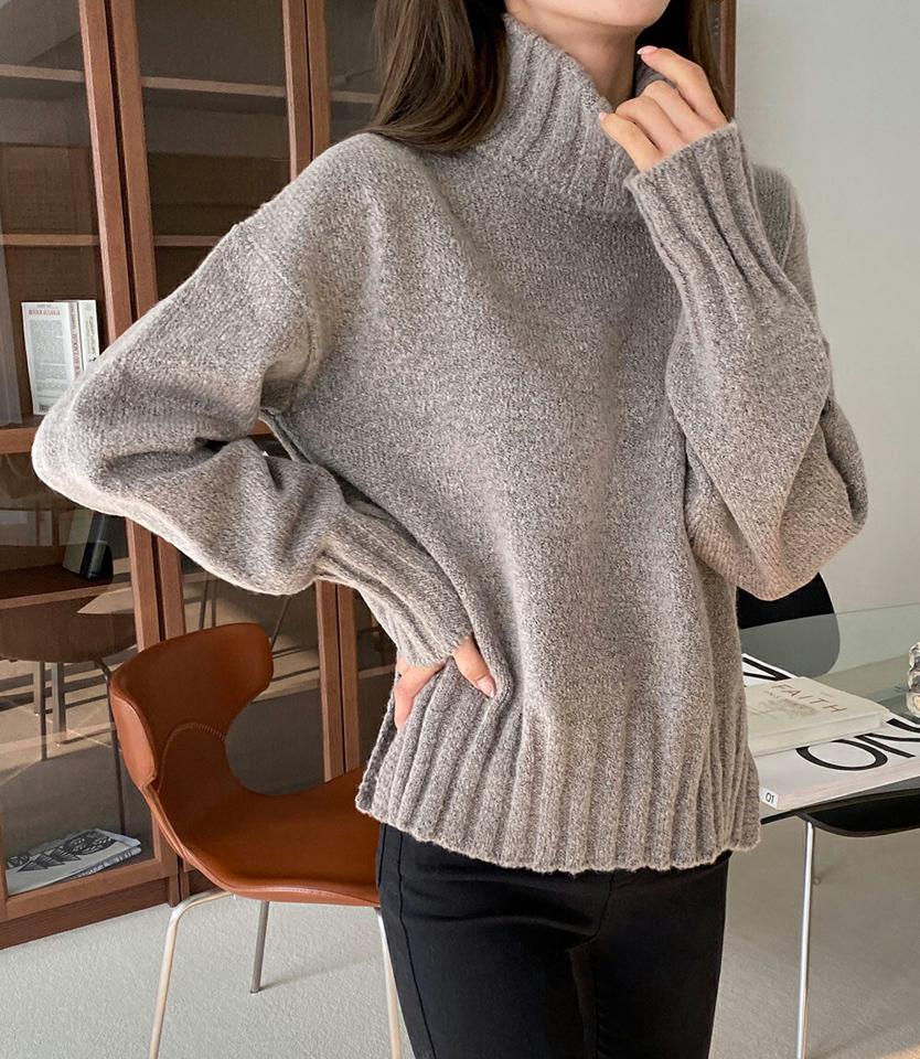 タートルネックアンバランスニット・全4色・t66250 レディース 【tops】韓国ファッション トップス ニット 大人 長袖 タートルネック アンバランス丈 スリット 無地 シンプル 異素材 体型カバー フェミニン カジュアル デイリー 秋 冬