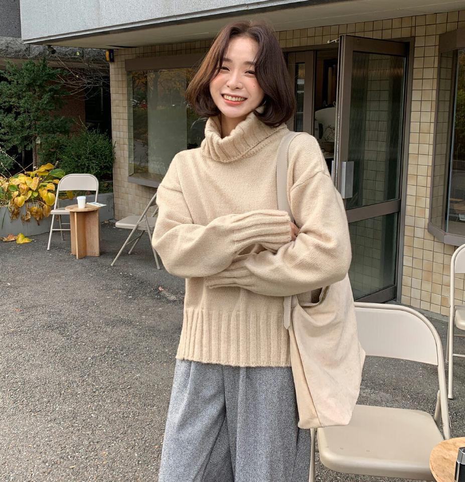 タートルネックアンバランスニット・全4色・t66250 レディース 【tops】韓国ファッション トップス ニット 大人 長袖 タートルネック アンバランス丈 スリット 無地 シンプル 異素材 体型カバー フェミニン カジュアル デイリー 秋 冬