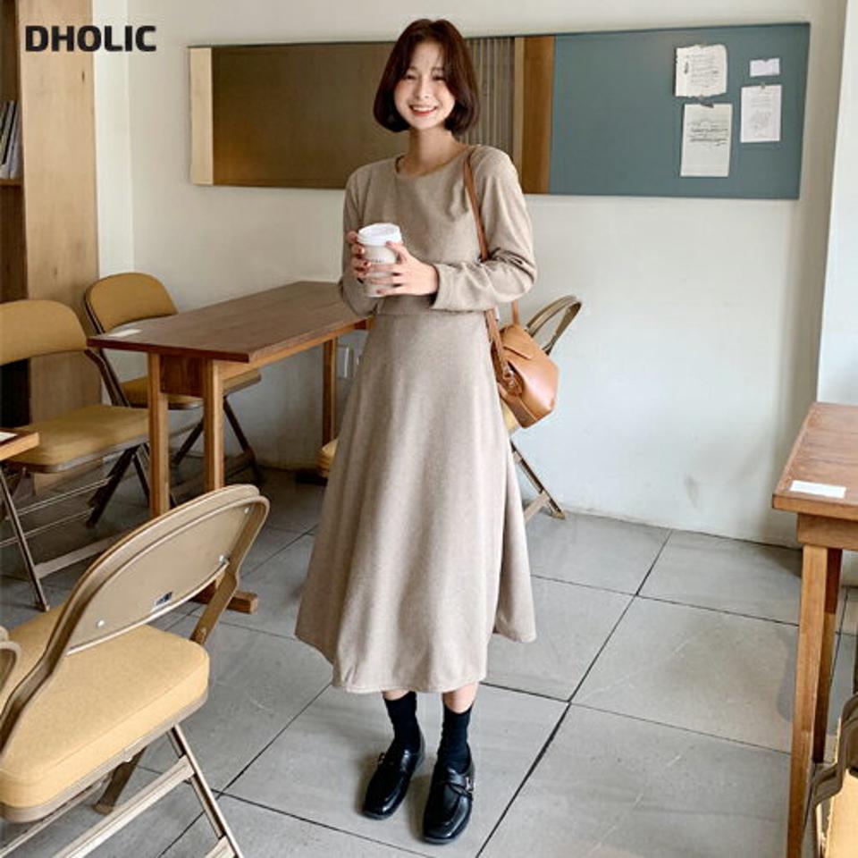 ヘリンボーンリボンワンピース・全3色・t66251 レディース 【ops】韓国ファッション ワンピース ロング ロングワンピース 長袖 ラウンドネック モダン ヘリンボーン リボン ロールアップ ロング丈 ストレート 無地 シンプル 体型カバー カジュアル 秋 冬
