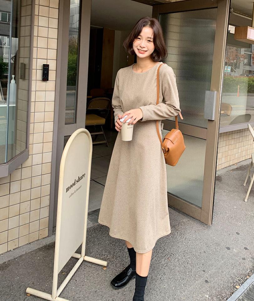 ヘリンボーンリボンワンピース・全3色・t66251 レディース 【ops】韓国ファッション ワンピース ロング ロングワンピース 長袖 ラウンドネック モダン ヘリンボーン リボン ロールアップ ロング丈 ストレート 無地 シンプル 体型カバー カジュアル 秋 冬
