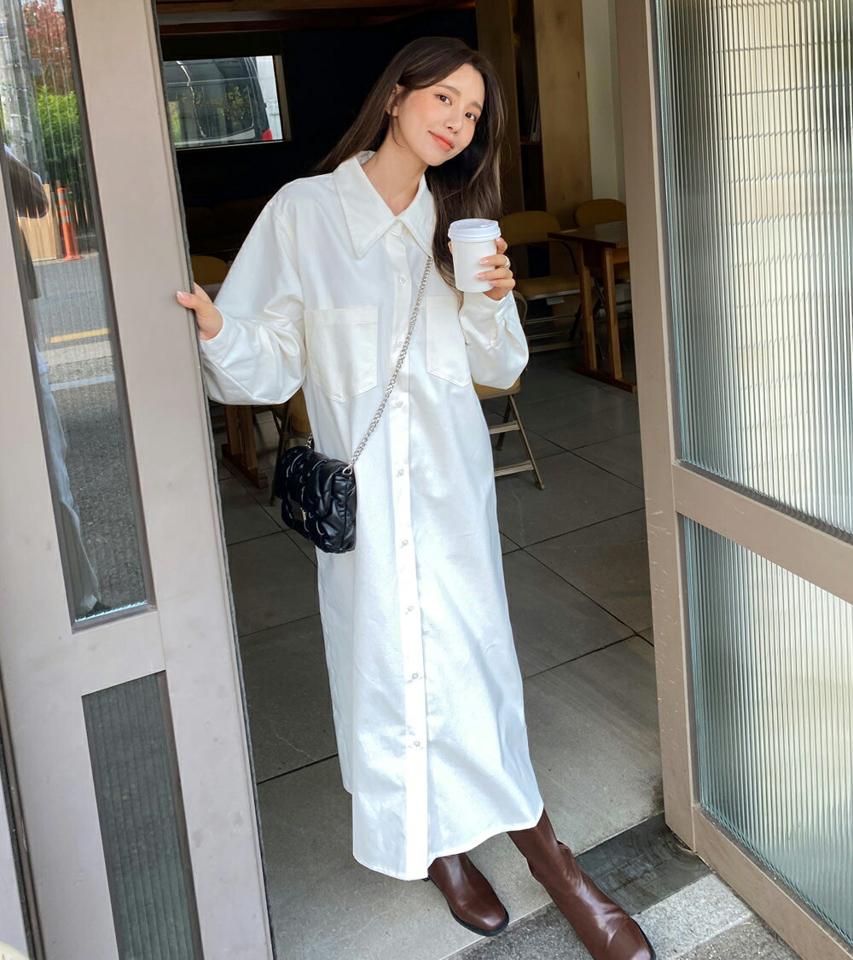即日配送 ポケットロングシャツワンピース・全3色・t66252 レディース 【ops】韓国ファッション ワンピース ロング ロングワンピース 長袖 カラーネック ポケット シャツワンピース ロング丈 ストレート 無地 シンプル 体型カバー カジュアル 秋 冬