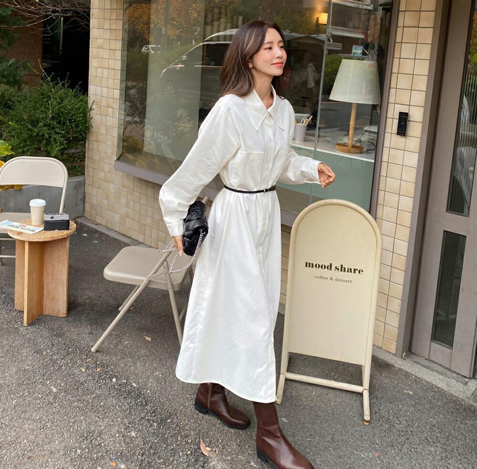 即日配送 ポケットロングシャツワンピース・全3色・t66252 レディース 【ops】韓国ファッション ワンピース ロング ロングワンピース 長袖 カラーネック ポケット シャツワンピース ロング丈 ストレート 無地 シンプル 体型カバー カジュアル 秋 冬