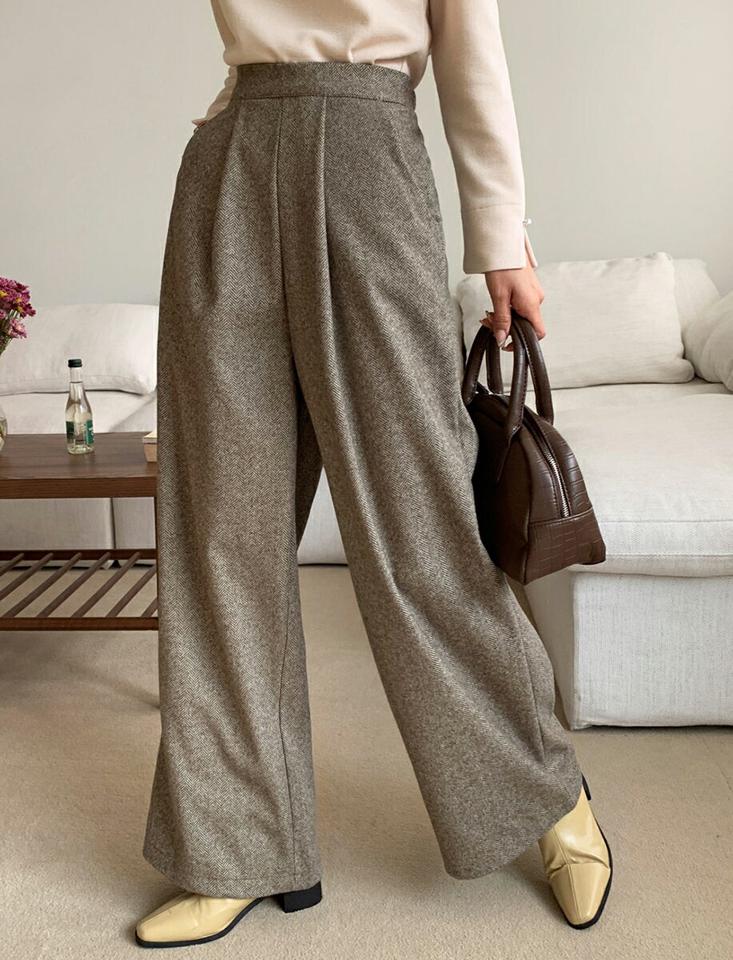 ヘリンボーンワイドパンツ・全3色・b66259 レディース 【pt】韓国ファッション ボトムス ロング ロングパンツ ヘリンボーン ワイドパンツ シック ストレート ロング丈 ウール混 シンプル 体型カバー カジュアル 秋 冬