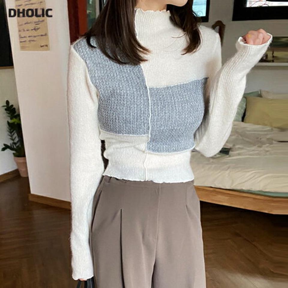アンバランス配色ハーフネックニット・全3色・t62837 レディース 【tops】韓国ファッション トップス ニット 大人 長袖 ハーフネック アンバランス 配色 柄ニット シンプル ストレート 異素材 体型カバー フェミニン カジュアル デイリー 秋 冬