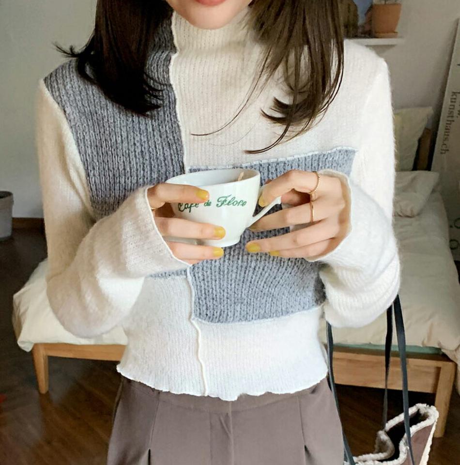 アンバランス配色ハーフネックニット・全3色・t62837 レディース 【tops】韓国ファッション トップス ニット 大人 長袖 ハーフネック アンバランス 配色 柄ニット シンプル ストレート 異素材 体型カバー フェミニン カジュアル デイリー 秋 冬