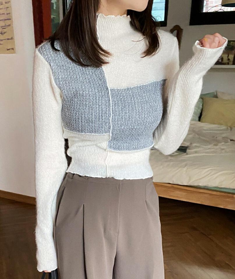 アンバランス配色ハーフネックニット・全3色・t62837 レディース 【tops】韓国ファッション トップス ニット 大人 長袖 ハーフネック アンバランス 配色 柄ニット シンプル ストレート 異素材 体型カバー フェミニン カジュアル デイリー 秋 冬