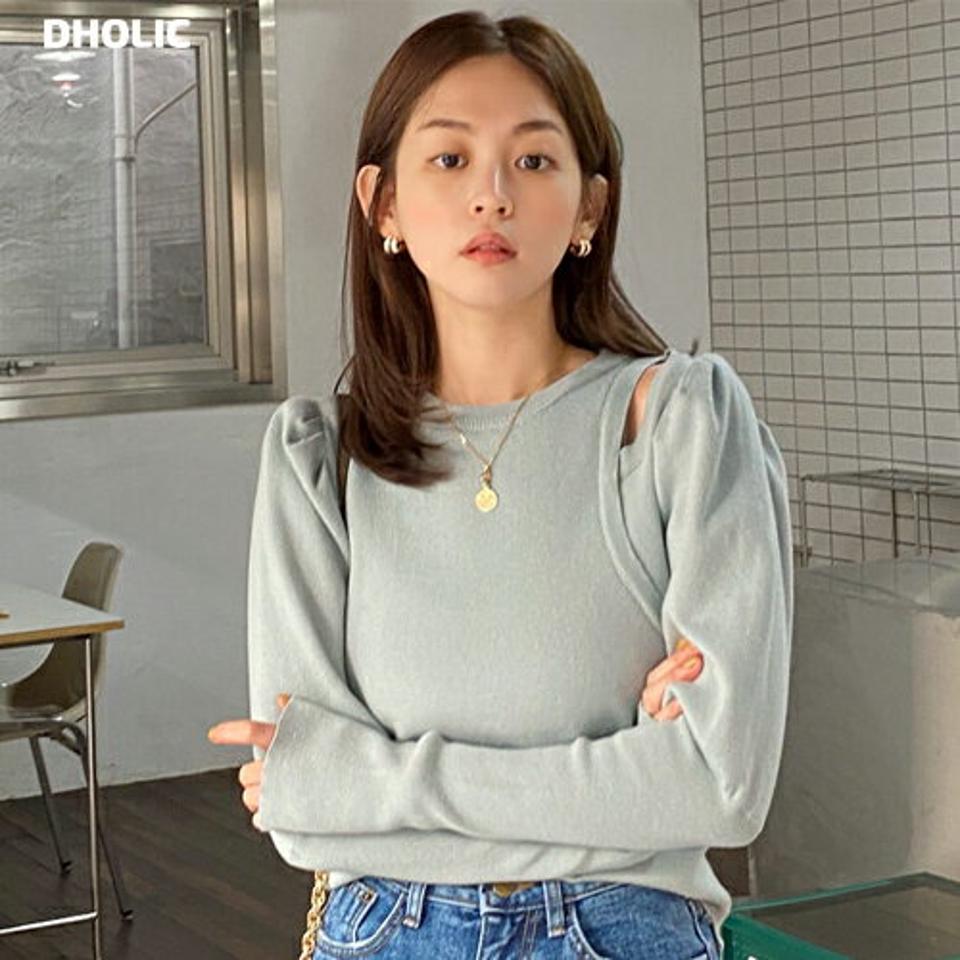【只今10%OFF】ショルダースリットパフニット・全3色・t62838 レディース 【tops】韓国ファッション トップス ニット 大人 長袖 ラウンドネック ショルダー スリット パフ 無地 シンプル ストレート 異素材 体型カバー フェミニン カジュアル デイリー 秋 冬【ニットセール】