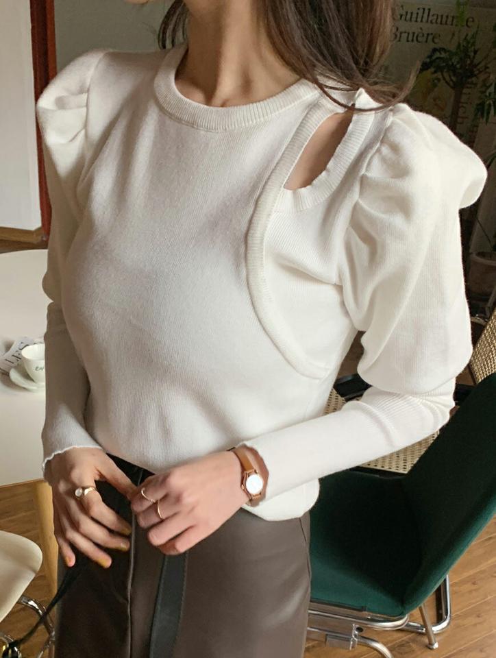 【只今10%OFF】ショルダースリットパフニット・全3色・t62838 レディース 【tops】韓国ファッション トップス ニット 大人 長袖 ラウンドネック ショルダー スリット パフ 無地 シンプル ストレート 異素材 体型カバー フェミニン カジュアル デイリー 秋 冬【ニットセール】