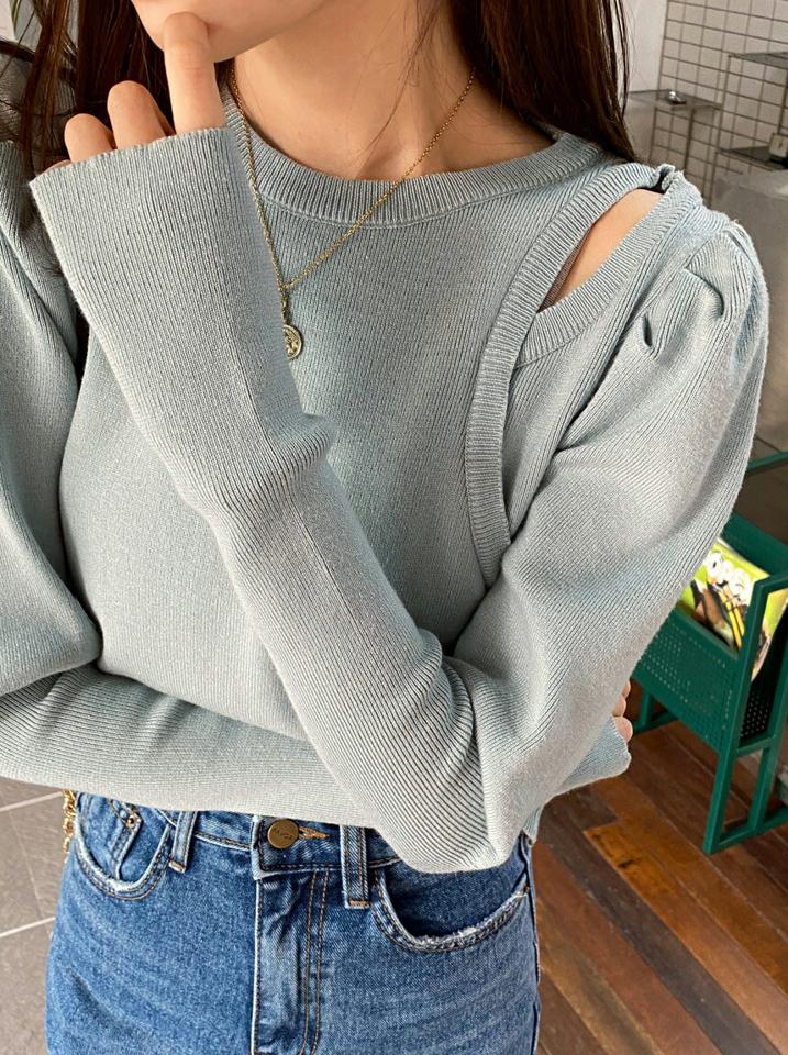 【只今10%OFF】ショルダースリットパフニット・全3色・t62838 レディース 【tops】韓国ファッション トップス ニット 大人 長袖 ラウンドネック ショルダー スリット パフ 無地 シンプル ストレート 異素材 体型カバー フェミニン カジュアル デイリー 秋 冬【ニットセール】