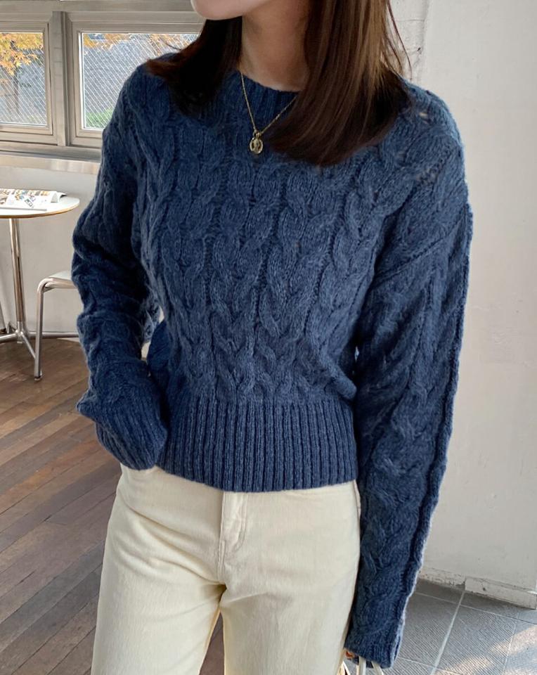 ラウンドケーブル編みニット・全5色・t62839 レディース 【tops】韓国ファッション トップス ニット 大人 長袖 ラウンドネック ケーブル編み シンプル 異素材 ルーズ 体型カバー フェミニン カジュアル デイリー 秋 冬