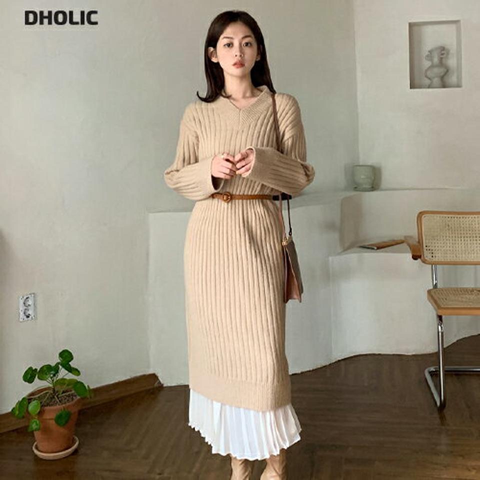 リブニットVネックワンピース・全6色・t62843 レディース 【ops】韓国ファッション ワンピース ミディ ミディワンピース 長袖 Vネック 厚手 リブ ニットワンピース 大人 ミディグ丈 ストレート 異素材 無地 シンプル フェミニン 体型カバー 秋 冬