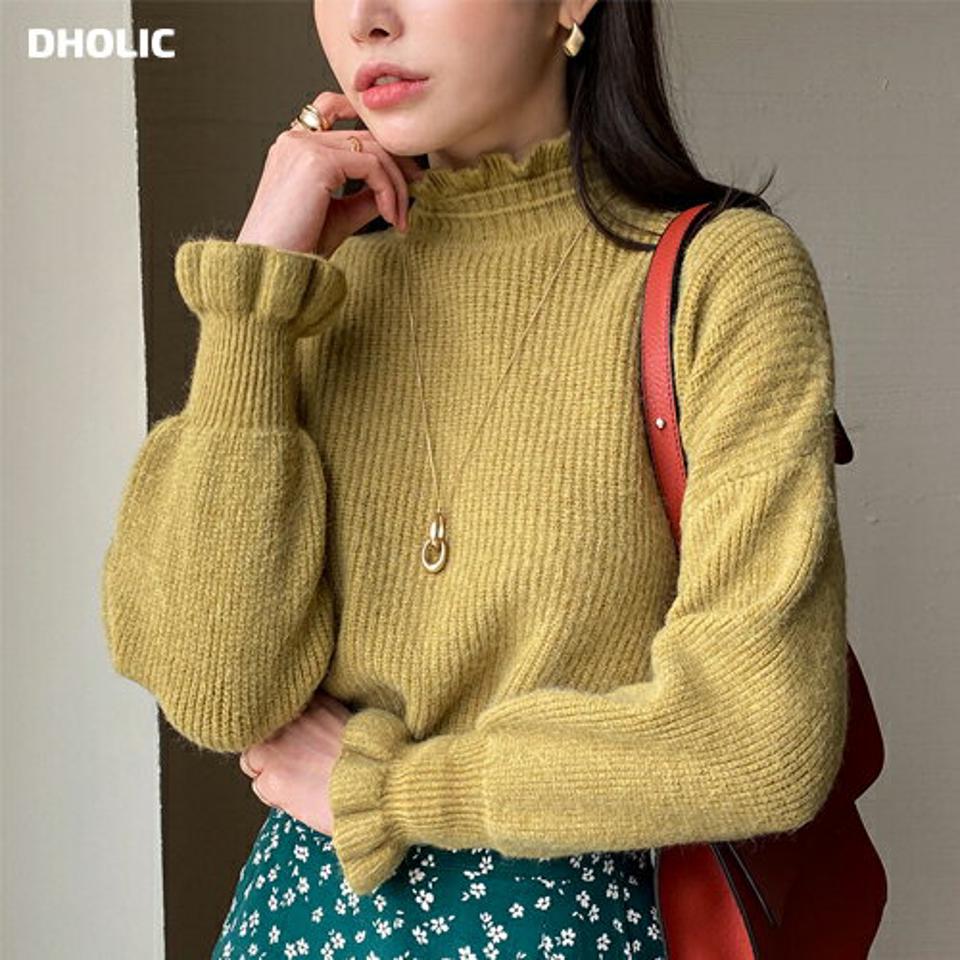 フリルハーフネックニット・全3色・b00653 レディース 【tops】トップス ニット 長袖 フリル ハーフネック 単色 無地 カラーニット フリルネック かわいい 可愛い カジュアル 大人 ニットトップス 秋 冬 韓国ファッション ハイホリHIHOLLI