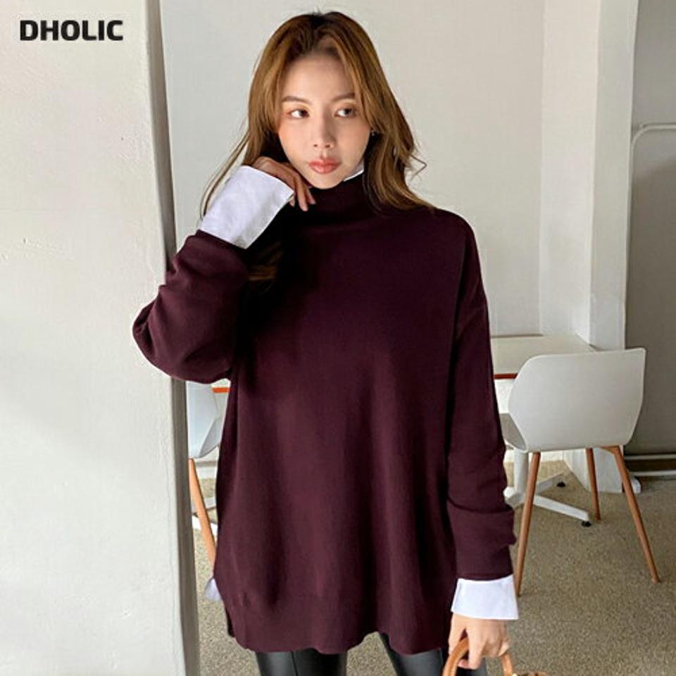 ハイネックバックピンタックニット・全5色・t00651 レディース 【tops】トップス ニット 長袖 ハイネック ピンタック 単色 シンプル 大人 カジュアル ベーシック ゆったり アンバランス サイドスリット ラフ 秋 冬 韓国ファッション ハイホリHIHOLLI