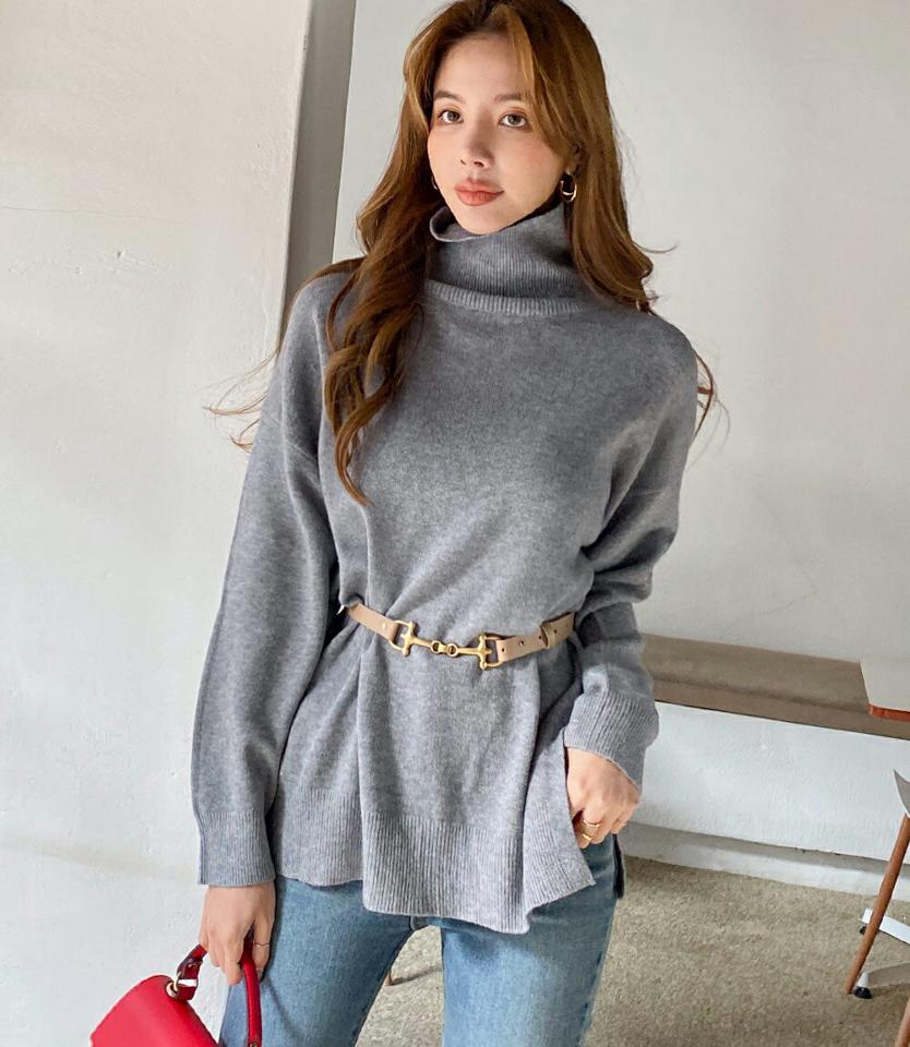 ハイネックバックピンタックニット・全5色・t00651 レディース 【tops】トップス ニット 長袖 ハイネック ピンタック 単色 シンプル 大人 カジュアル ベーシック ゆったり アンバランス サイドスリット ラフ 秋 冬 韓国ファッション ハイホリHIHOLLI