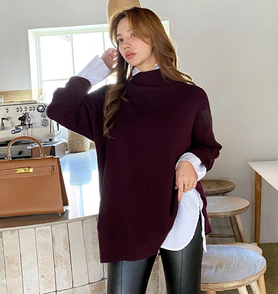 ハイネックバックピンタックニット・全5色・t00651 レディース 【tops】トップス ニット 長袖 ハイネック ピンタック 単色 シンプル 大人 カジュアル ベーシック ゆったり アンバランス サイドスリット ラフ 秋 冬 韓国ファッション ハイホリHIHOLLI