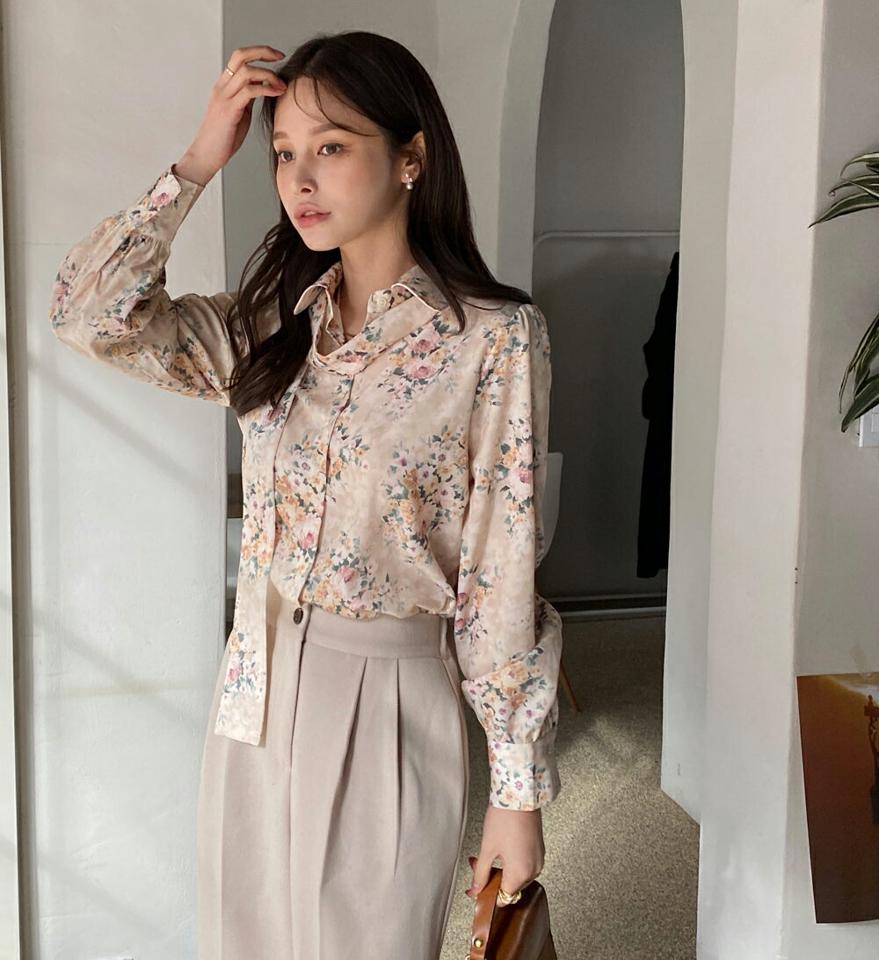 【10%OFF】即日配送 フローラルネックリボンブラウス・全2色・b00649 レディース 【bl】トップス ブラウス 長袖 花柄 りぼん フラワー フェミニン 上品 レディ かわいい 可愛い 大人 清楚 秋 冬 韓国ファッション ハイホリHIHOLLI 新生活セール