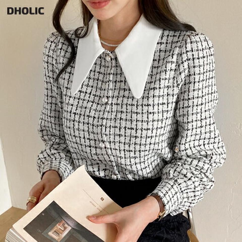 バリモアカラーツイードブラウス・全2色・b00647 レディース 【bl】トップス ブラウス 長袖 チェック柄 ツイード バリモアカラー 襟コンシャス 上品 高級感 フェミニン 大人 秋 冬 韓国ファッション ハイホリHIHOLLI