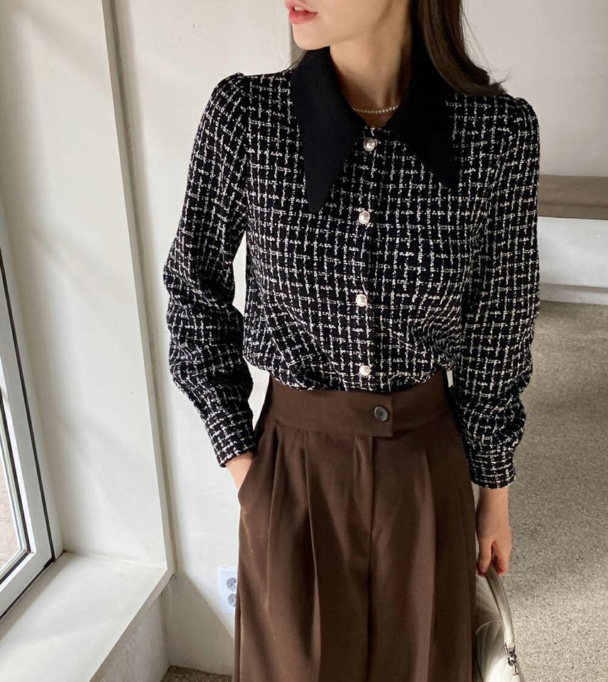 バリモアカラーツイードブラウス・全2色・b00647 レディース 【bl】トップス ブラウス 長袖 チェック柄 ツイード バリモアカラー 襟コンシャス 上品 高級感 フェミニン 大人 秋 冬 韓国ファッション ハイホリHIHOLLI