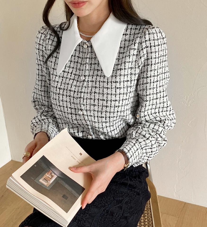 バリモアカラーツイードブラウス・全2色・b00647 レディース 【bl】トップス ブラウス 長袖 チェック柄 ツイード バリモアカラー 襟コンシャス 上品 高級感 フェミニン 大人 秋 冬 韓国ファッション ハイホリHIHOLLI