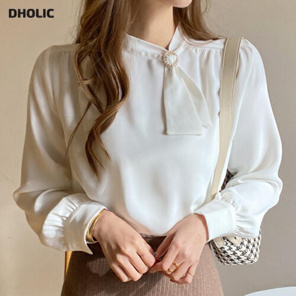 ブローチSETボウタイブラウス・全2色・t00646 レディース 【bl】トップス ブラウス 長袖 ボウタイ ブローチ フェミニン 上品 大人 きれいめ 襟コン パール ギャザー 秋 冬 韓国ファッション ハイホリHIHOLLI