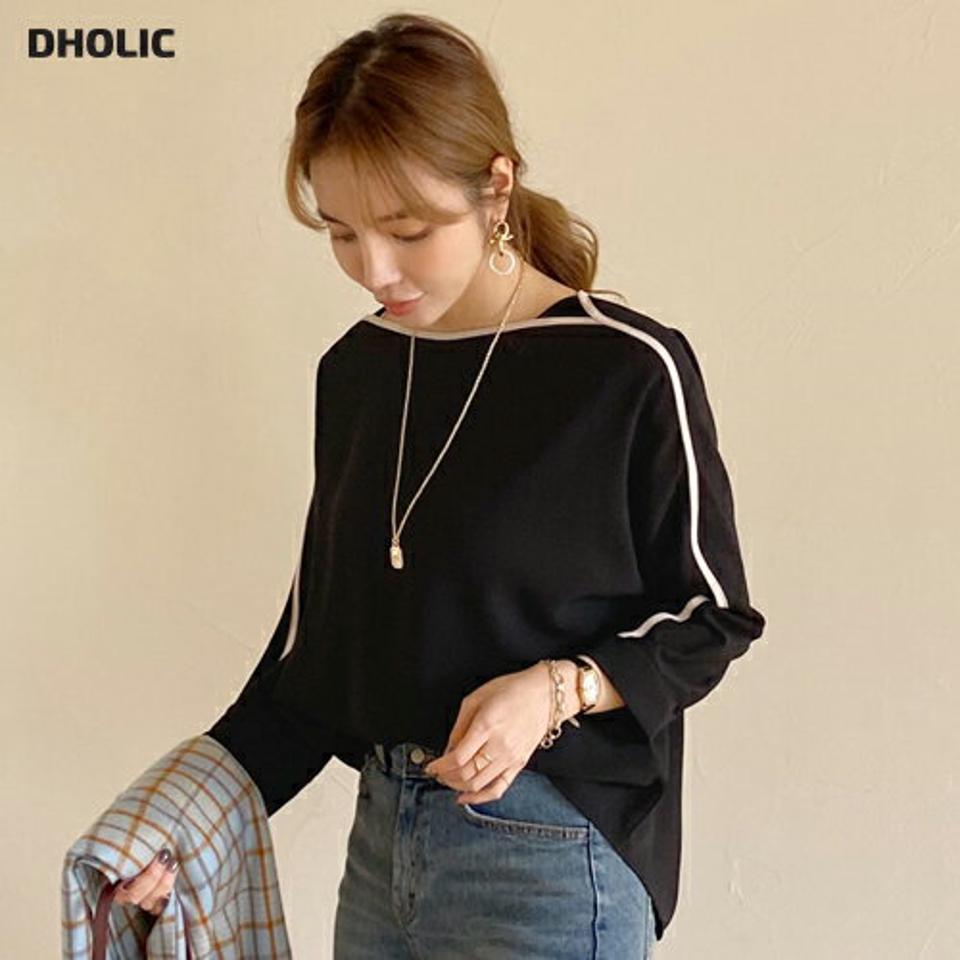 配色ラインボートネックブラウス・全3色・t00645 レディース 【bl】トップス ブラウス 長袖 配色 ボートネック 大人 きれいめ デコルテ 鎖骨 カジュアル カフス 秋 冬 韓国ファッション ハイホリHIHOLLI