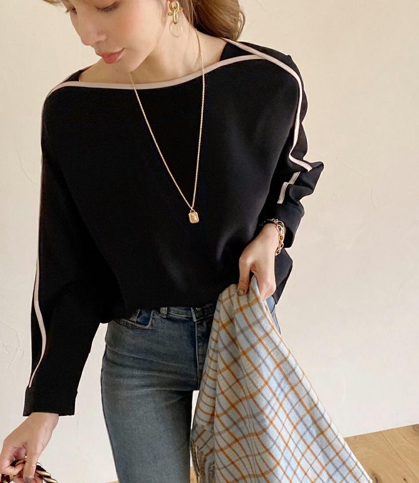 配色ラインボートネックブラウス・全3色・t00645 レディース 【bl】トップス ブラウス 長袖 配色 ボートネック 大人 きれいめ デコルテ 鎖骨 カジュアル カフス 秋 冬 韓国ファッション ハイホリHIHOLLI