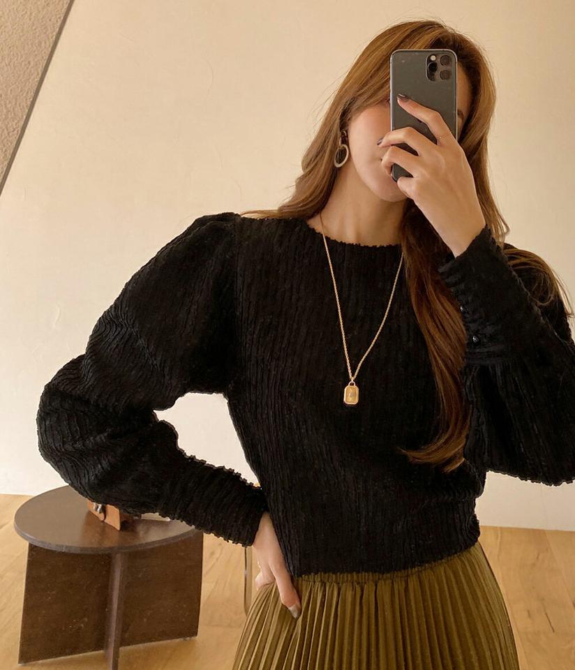 フリンジパフスリーブブラウス・全2色・b00644 レディース 【bl】トップス ブラウス 長袖 パフスリーブ パフ袖 フリンジ テクスチャー 大人 ユニーク フェミニン 秋 冬 韓国ファッション ハイホリHIHOLLI