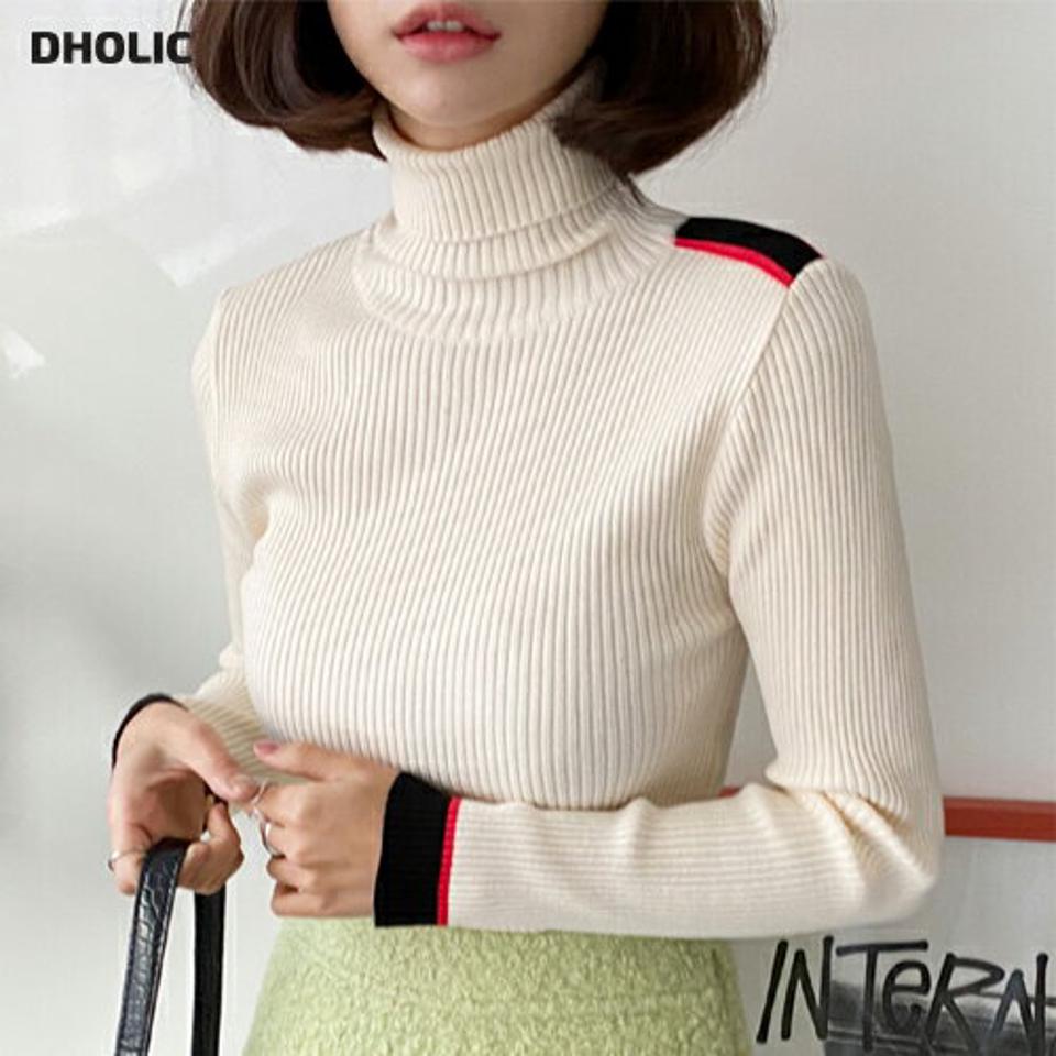 リブ配色ラインタートルネックニット・全2色・b58558 レディース 【tops】韓国ファッション トップス ニット 大人 長袖 タートルネック リブ 配色 シンプル ユニーク 異素材 体型カバー フェミニン カジュアル デイリー 秋 冬