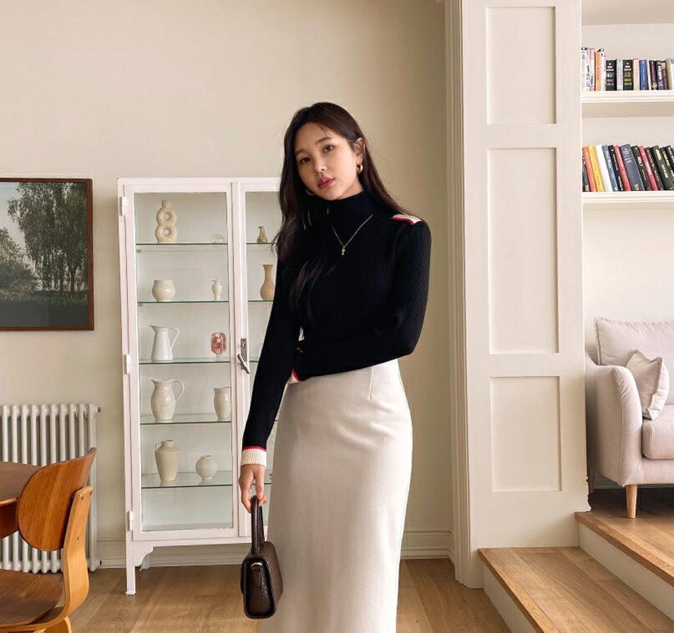リブ配色ラインタートルネックニット・全2色・b58558 レディース 【tops】韓国ファッション トップス ニット 大人 長袖 タートルネック リブ 配色 シンプル ユニーク 異素材 体型カバー フェミニン カジュアル デイリー 秋 冬