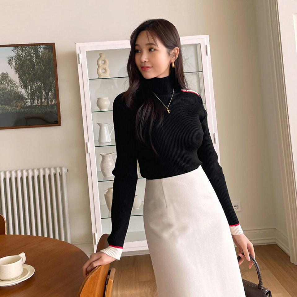 リブ配色ラインタートルネックニット・全2色・b58558 レディース 【tops】韓国ファッション トップス ニット 大人 長袖 タートルネック リブ 配色 シンプル ユニーク 異素材 体型カバー フェミニン カジュアル デイリー 秋 冬
