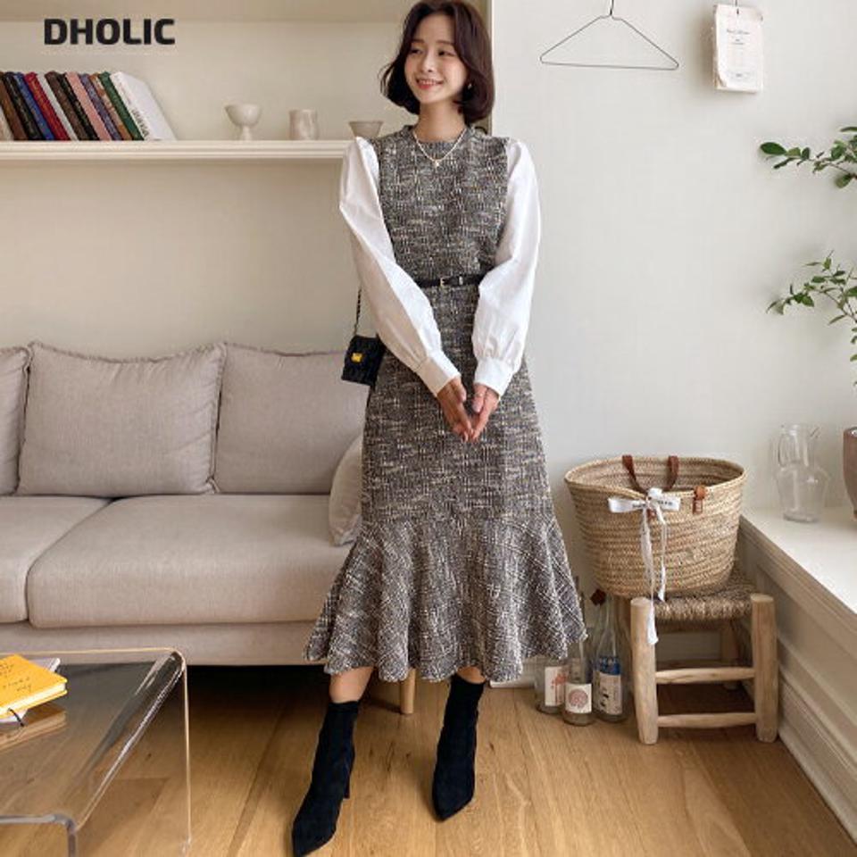 ベルト付ツイードマーメイドワンピース・全2色・b58595 レディース 【ops】韓国ファッション ワンピース ロングワンピース 長袖 ラウンドネック ベルト付 ツイード マーメイド ロング丈 シンプル 体型カバー カジュアル 秋 冬