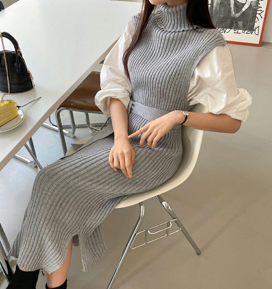 ストラップ付タートルリブフレンチスリーブワンピース・全3色・b58573 レディース 【ops】韓国ファッション ワンピース ロングワンピース フレンチスリーブ タートルネック ストラップ付 ロング丈 無地 シンプル 体型カバー カジュアル 秋 冬