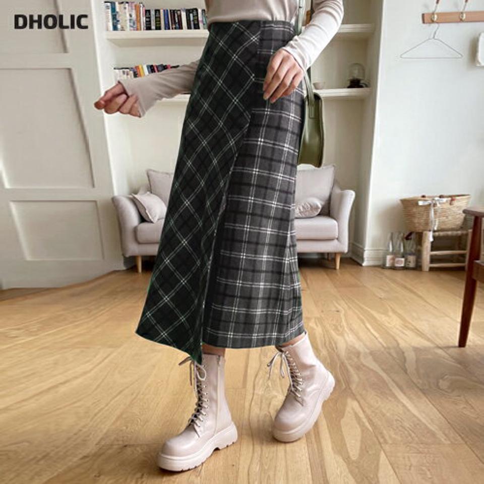 チェックAラインスカート・全2色・t58582 レディース 【sk】韓国ファッション ボトムス スカート ロング ロングスカート チェック Aライン スリット ロング丈 ウール混 シンプル 大人 カジュアル フェミニン 体型カバー 秋 冬