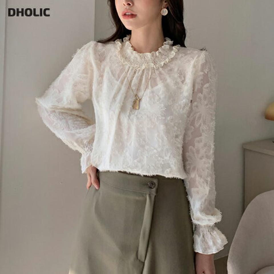 フリルハーフネックレースブラウス・全2色・b71020 レディース 【bl】トップス ブラウス 長袖 レース 総レース フェミニン ハーフネック フリル 透け感 シアー シースルー かわいい 上品 パフスリーブ パフ袖 秋 冬 韓国ファッション ハイホリHIHOLLI