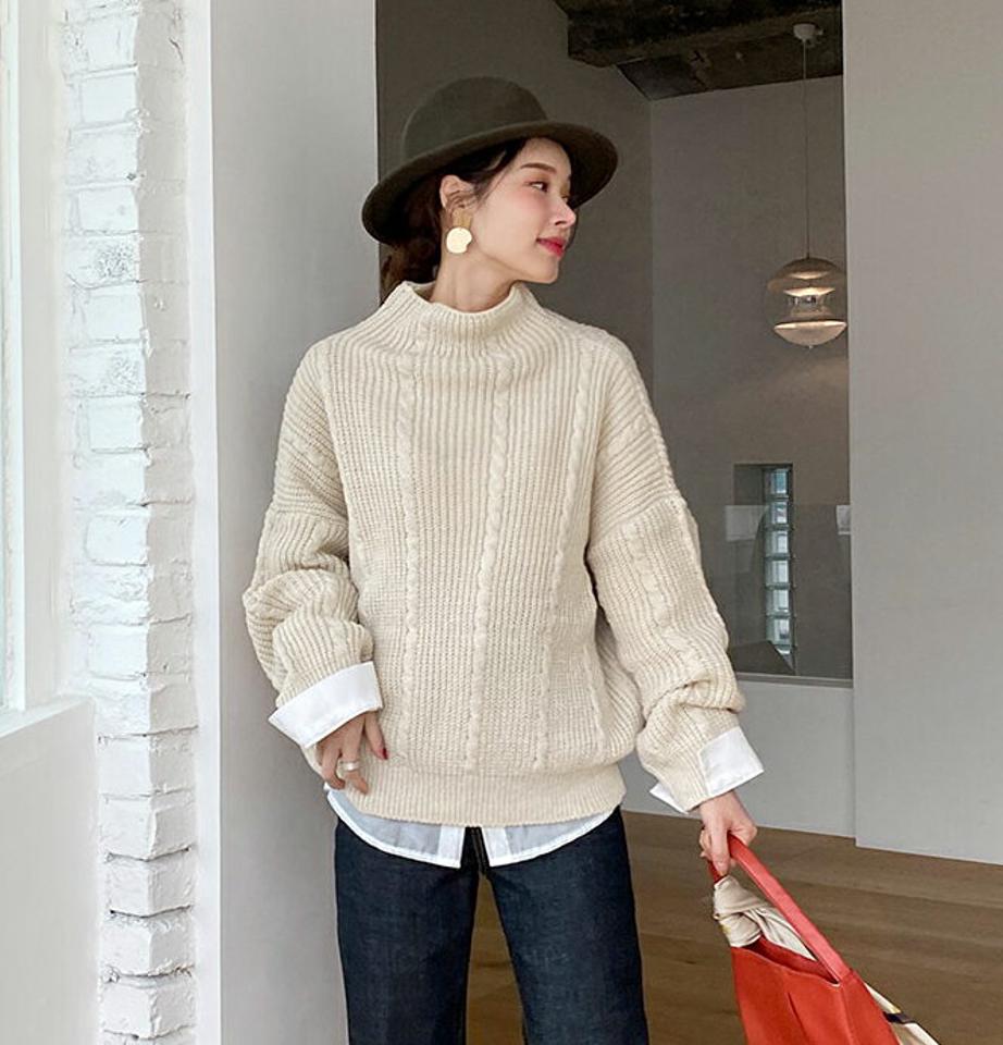 ハーフネックツイストルーズニット・全3色・b71025 レディース 【tops】トップス ニット 長袖 ニットトップス ツイスト ハーフネック シンプル 単色 カジュアル ラフ 秋 冬 韓国ファッション ハイホリHIHOLLI