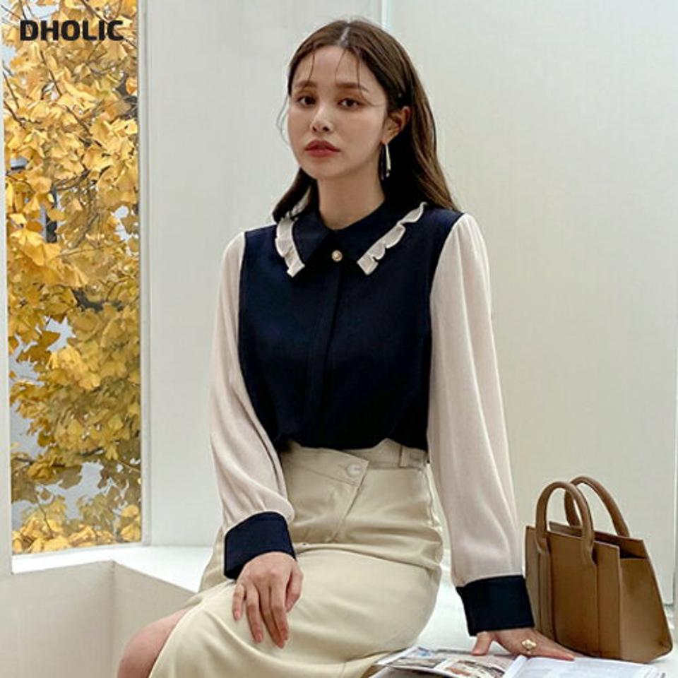 プリーツフリルカラーネックブラウス・全3色・b71021 レディース 【bl】トップス ブラウス 長袖 フリルカラー プリーツ フェミニン 配色 襟コンシャス ガーリー 大人 パールボタン カフス 秋 冬 韓国ファッション ハイホリHIHOLLI