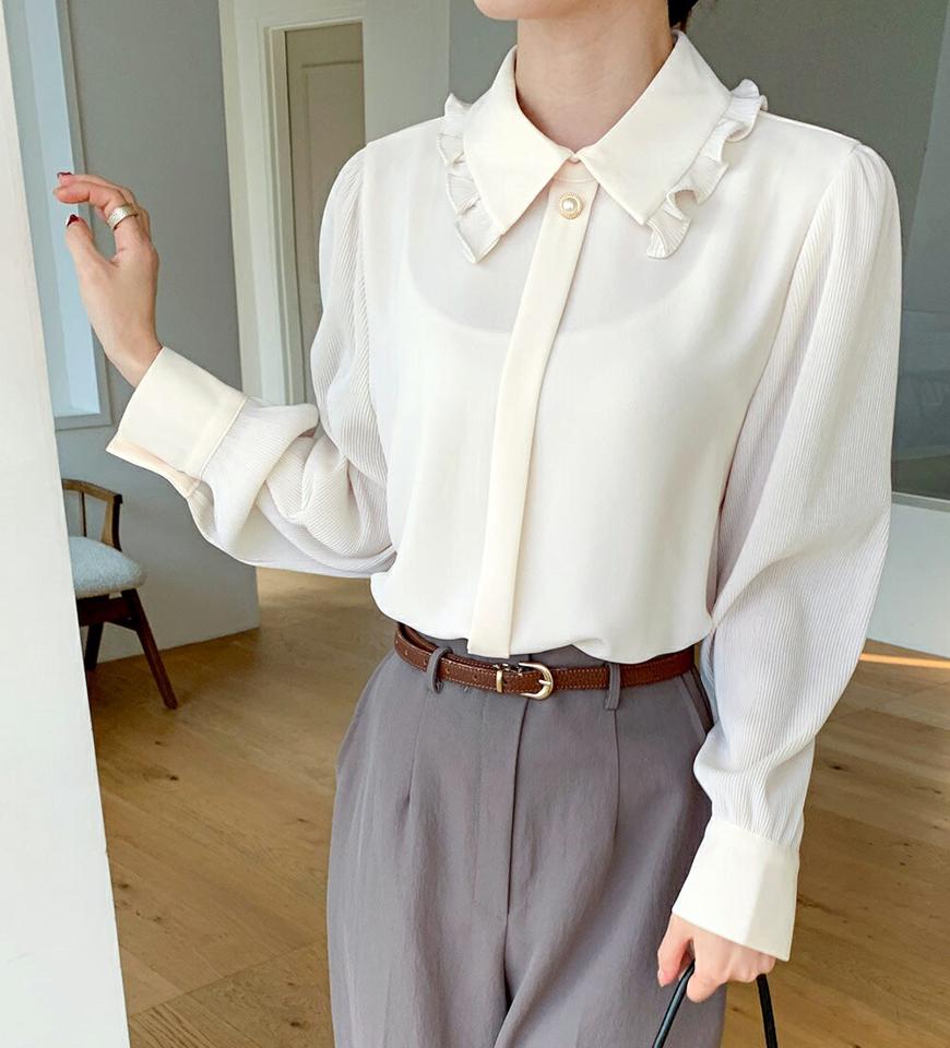 プリーツフリルカラーネックブラウス・全3色・b71021 レディース 【bl】トップス ブラウス 長袖 フリルカラー プリーツ フェミニン 配色 襟コンシャス ガーリー 大人 パールボタン カフス 秋 冬 韓国ファッション ハイホリHIHOLLI