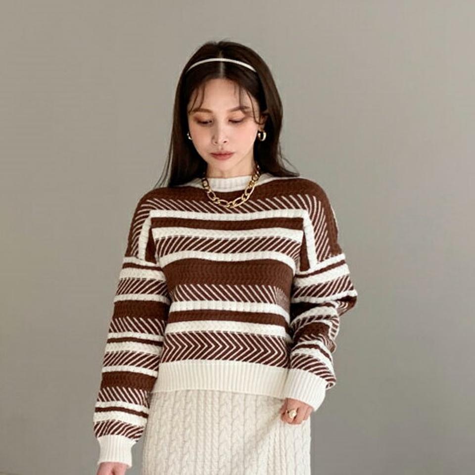マルチパターンルーズニット・全2色・b71024 レディース 【tops】トップス ニット 長袖 総柄 カジュアル ラフ大人 ヘリンボーン ボーダー柄 ラウンドネック 秋 冬 韓国ファッション ハイホリHIHOLLI